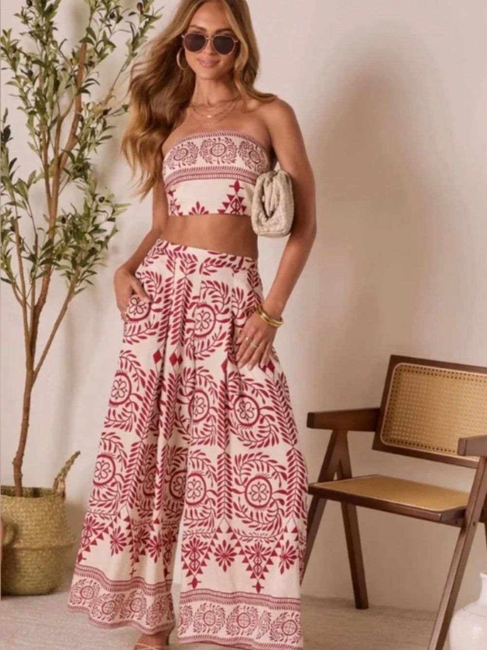 Homestead Printed Wide Leg Pant and Strapless Crop Top